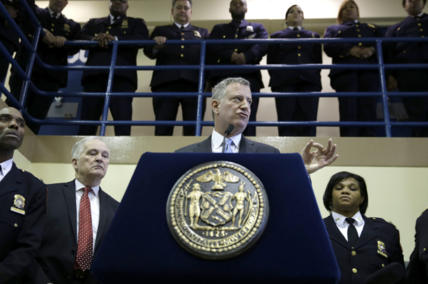 Bill de Blasio holds a news conference on Rikers Island, March 12, 2015. (AP/Seth Wenig)
