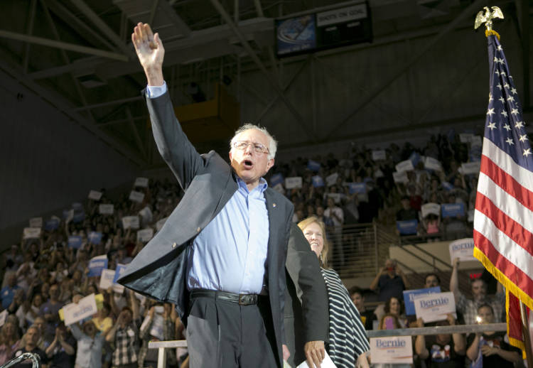 Democratic presidential candidate, Sen. Bernie Sanders, I-Vt., arrives with his wife Jane at a campaign rally, Monday, July 6, 2015, in Portland, Maine. (AP Photo/Robert F. Bukaty) (AP)