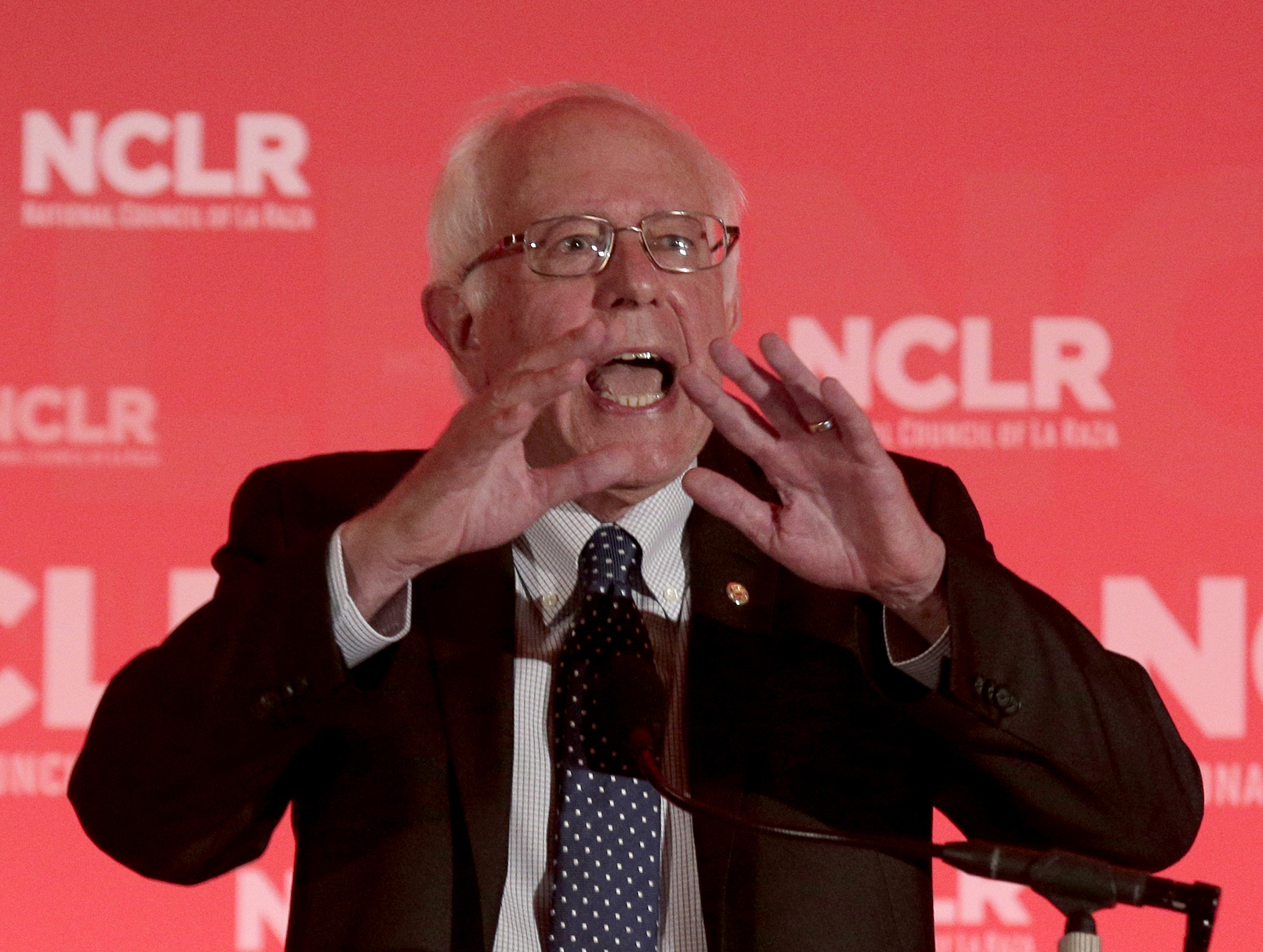 Democratic presidential candidate Sen. Bernie Sanders, I-Vt., speaks at a the National Council of La Raza Annual Conference, Monday in Kansas City, Mo. (AP Photo/Charlie Riedel)