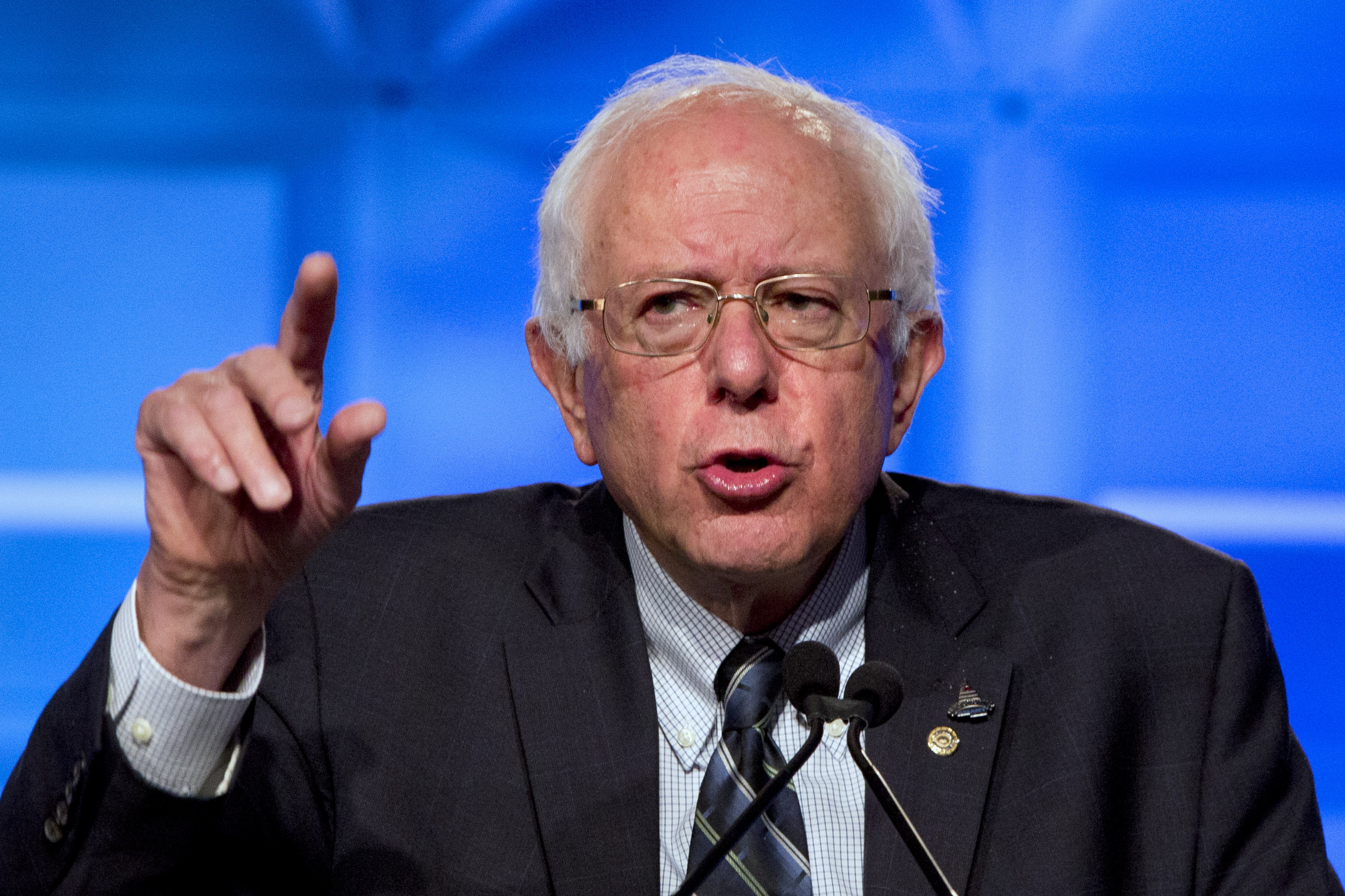 Democratic presidential candidate Sen. Bernie Sanders, I-Vt., speaks at the 2015 International Association of Sheet Metal, Air, Rail, and Transportation Workers (SMART) Conference, Tuesday, July 28, 2015, in Washington. (AP Photo/Jacquelyn Martin) (AP)