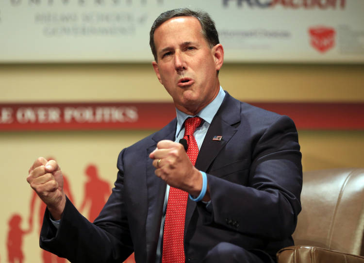 FILE - In this July 18, 2015, file photo, Republican presidential candidate, former Pennsylvania Sen. Rick Santorum, speaks at the Family Leadership Summit in Ames, Iowa. As next months first GOP 2016 presidential debate looms, prospects are doing everything they can to improve their polling and chin themselves into a top 10 position to meet the criteria set by Fox News Channel to appear on stage Aug. 6 in Cleveland. Rick Perry is waging a one-man war on Donald Trumps credibility, calling the bombastic billionaire a cancer on conservatism. Santorum, a conservative icon, popped up on a favorite program of liberals, the Rachel Maddow Show. And South Carolina Sen. Lindsey Graham set his phone on fire.(AP Photo/Nati Harnik, File) (AP)