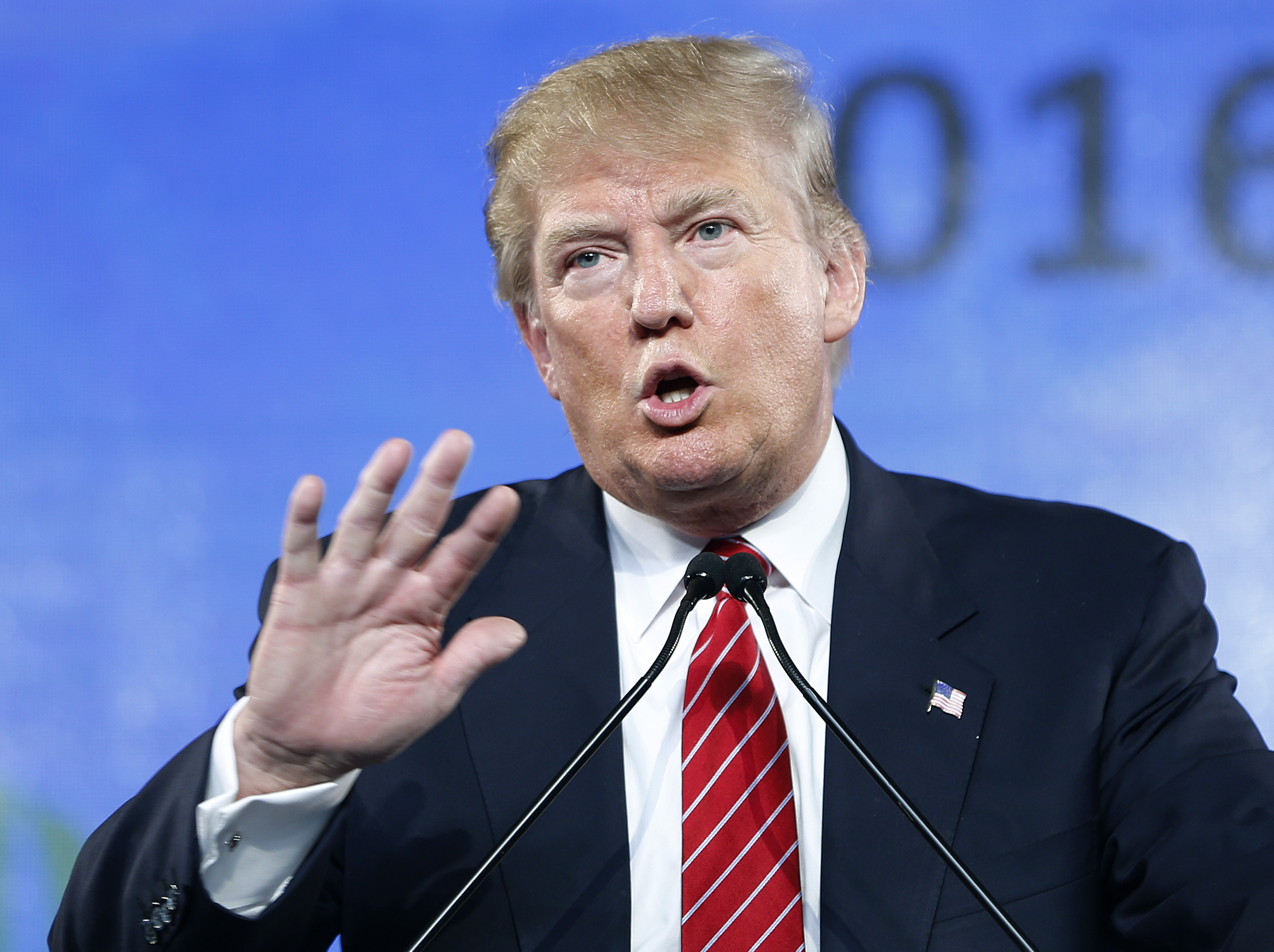 FILE - In this Saturday, July 11, 2015, file photo, Republican presidential candidate Donald Trump speaks at FreedomFest in Las Vegas. Retired "Late Show" host David Letterman appeared with comedians Martin Short and Steve Martin at their live comedy show on Friday, July 10, 2015, in San Antonio, where Letterman read "Interesting facts about Donald Trump." (AP Photo/John Locher, File) (AP)