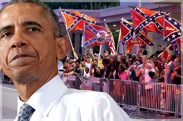 Barack Obama; Confederate flags outside his hotel, July 15, 2015, in Oklahoma City. (Reuters/Kevin Lamarque/AP/Evan Vucci/Photo montage by Salon)