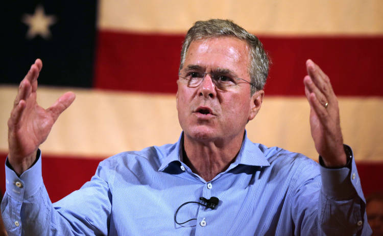 FILE - In this July 23, 2015 file photo, Republican presidential candidate former Florida Gov. Jeb Bush addresses guests during a town hall style gathering in Gorham, N.H.  Bush and four other GOP presidential candidates are at a luxury Southern California resort speaking to the billionaire Koch brothers and other conservative donors. (AP Photo/Charles Krupa, File) (AP)