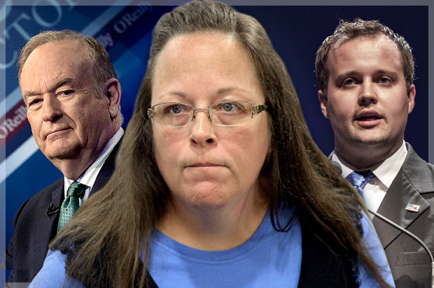(AP/Reuters/Brendan McDermid/Timothy D. Easley/Bill O'Reilly, Kim Davis, Josh Duggar/Photo montage by Salon)