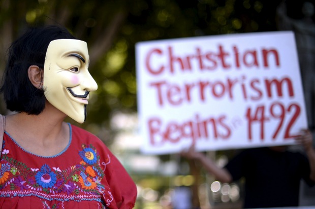 A Columbus Day protest in Los Angeles. (Kevork Djansezian/Reuters)