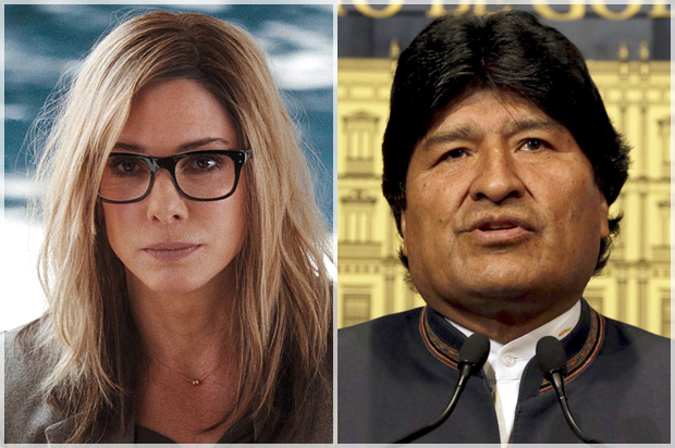 Sandra Bullock in "Our Brand Is Crisis"; Bolivia's President Evo Morales (Warner Bros./Reuters/David Mercado)