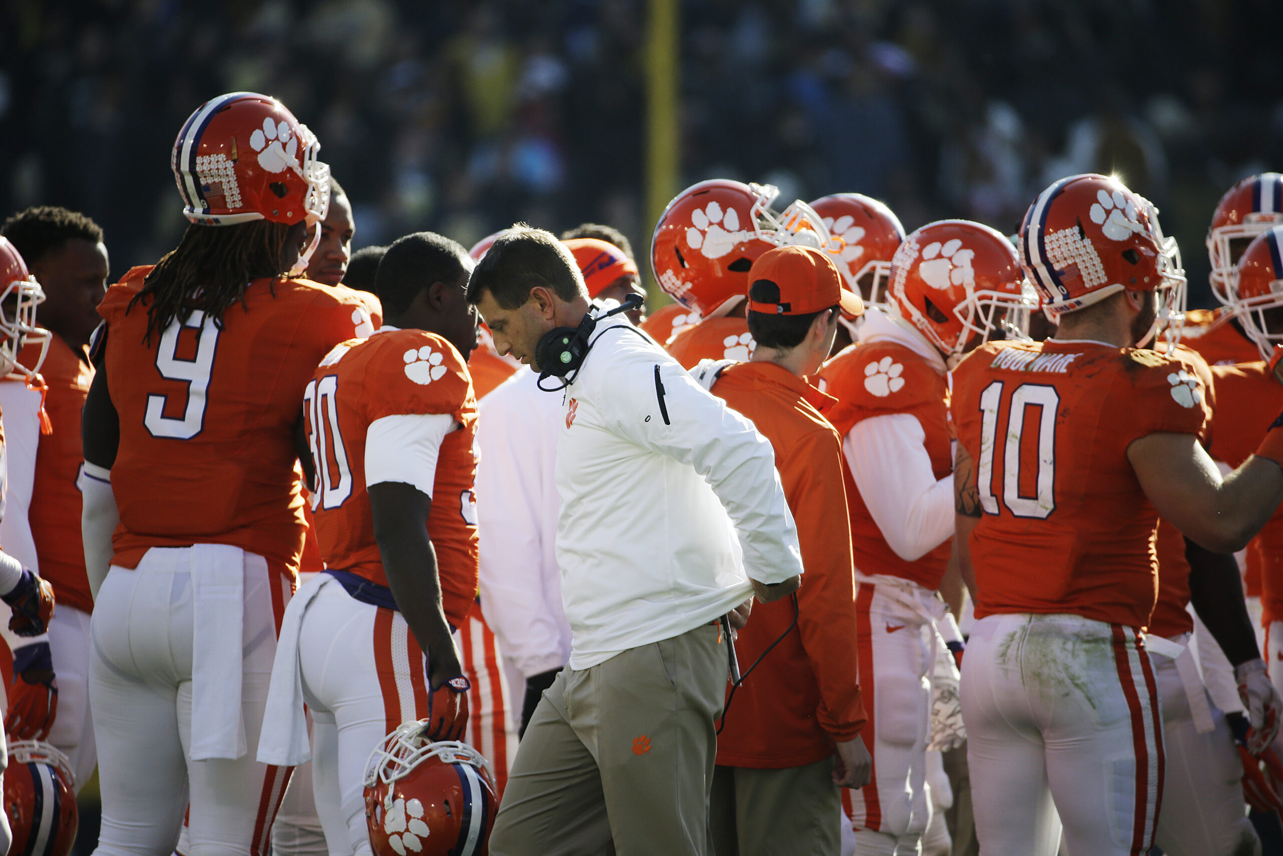 Clemson head coach Dabo Swinney walks away from a huddle in the fourth quarter of an NCAA college football game against Georgia Tech, Saturday, Nov. 15, 2014, in Atlanta. Georgia Tech won 28-6. (AP Photo/David Goldman) (AP)