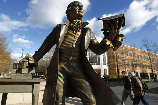 A statue of George Mason stands in the heart of George Mason University's Fairfax campus in Fairfax, Va. (AP/Manuel Balce Ceneta)