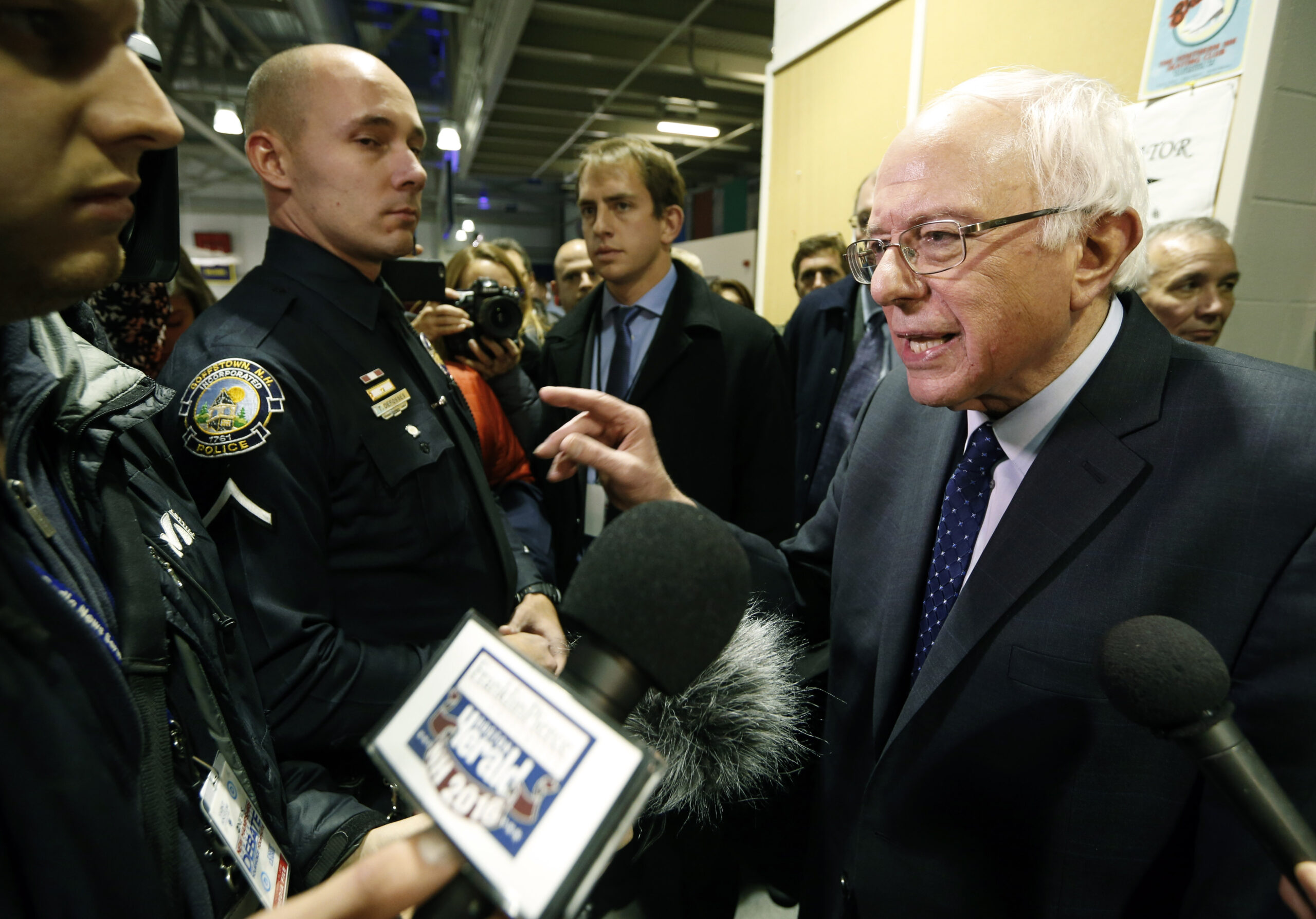 Bernie Sanders speaks to reporters in the media filing center after a Democratic presidential primary debate Saturday, Dec. 19, 2015, at Saint Anselm College in Manchester, N.H. (AP Photo/Michael Dwyer) (AP)