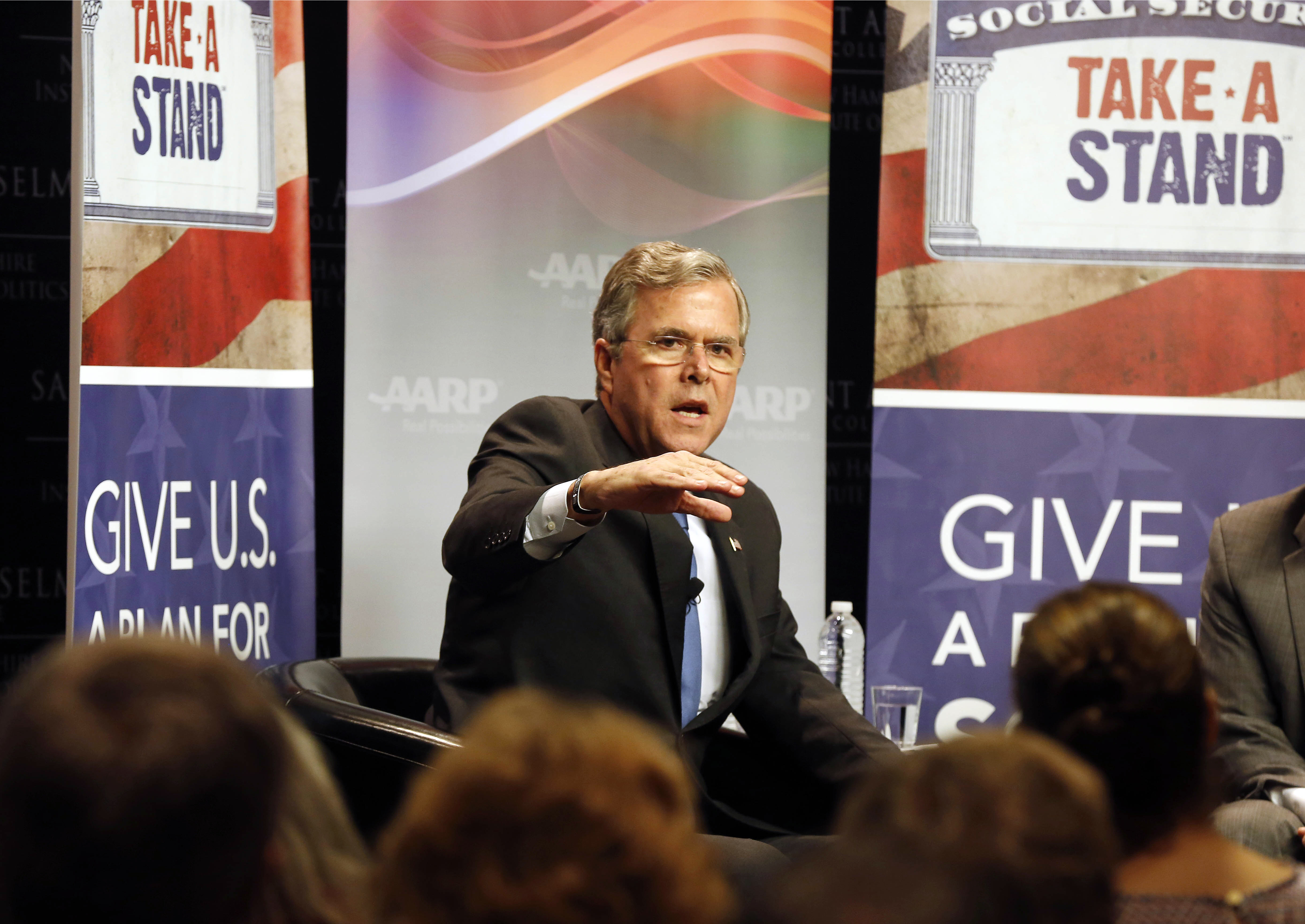 FILE - In this Dec. 8, 2015 file photo, Republican presidential candidate former Florida Gov. Jeb Bush speaks in Manchester, N.H. Bush stubbornly sticks with his wonky approach to the 2016 campaign, even as he continues to falls off the pace. The portion of registered Republican voters who think Bush could win the general election drops to 40 percent in a new Associated Press-GfK poll. (AP Photo/Jim Cole, File) (AP)