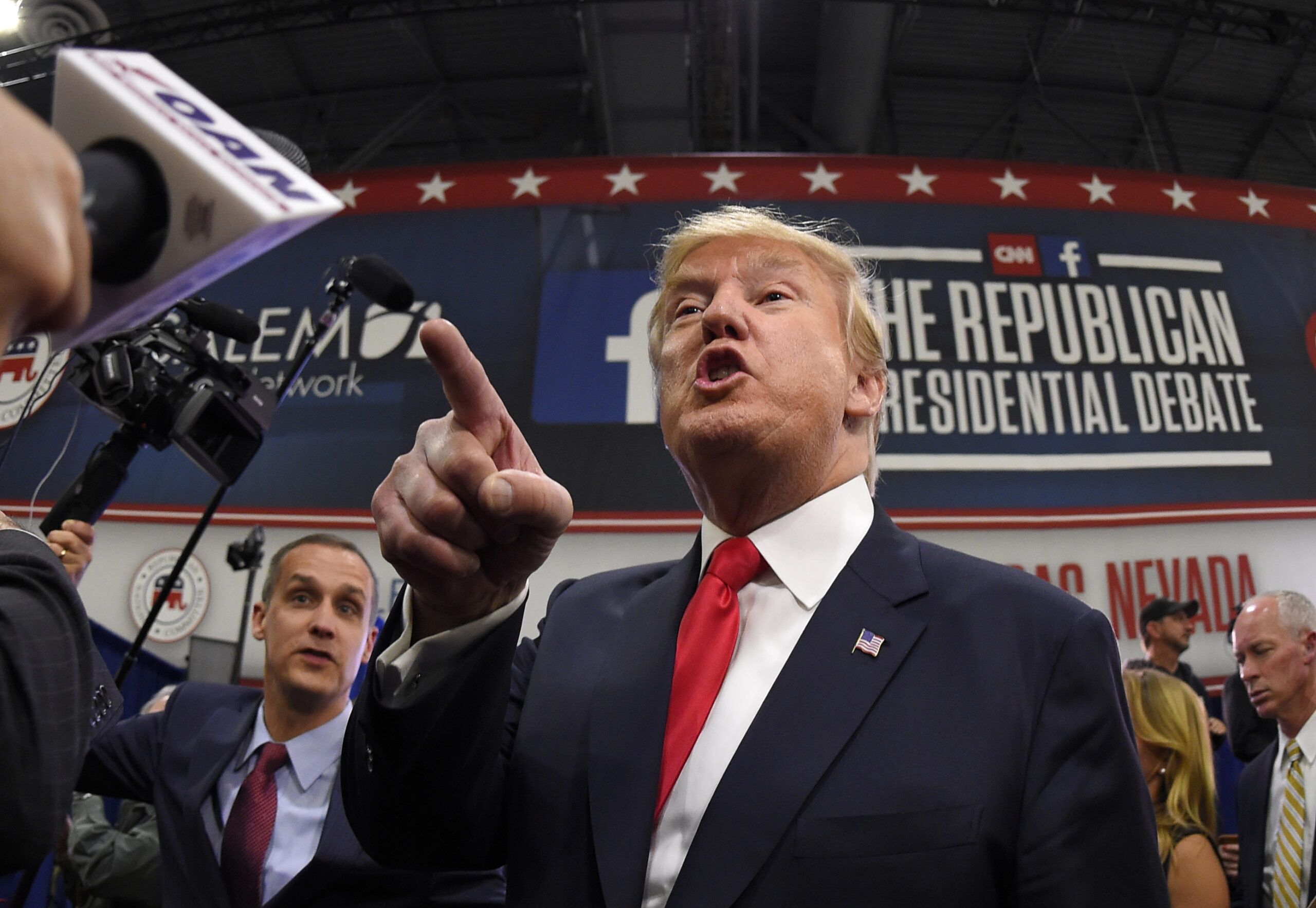 Donald Trump talks to the press in the spin room following the CNN Republican presidential debate at the Venetian Hotel & Casino on Tuesday, Dec. 15, 2015, in Las Vegas. (AP Photo/Mark J. Terrill) (AP)