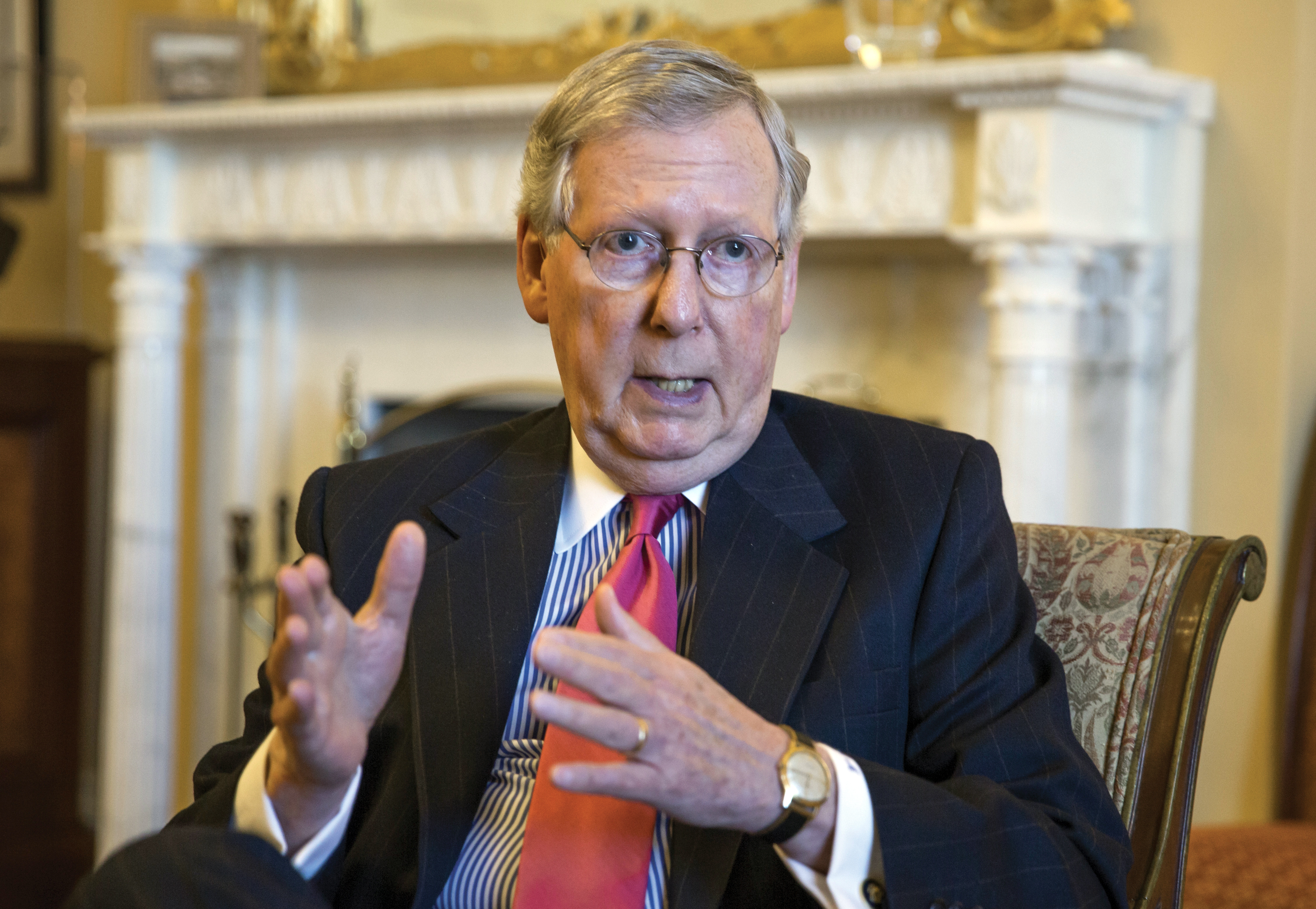 In this Dec. 16, 2015, photo, Senate Majority Leader Mitch McConnell of Ky. gestures during an interview with The Associated Press in his office on Capitol Hill in Washington. (AP Photo/J. Scott Applewhite) (AP)