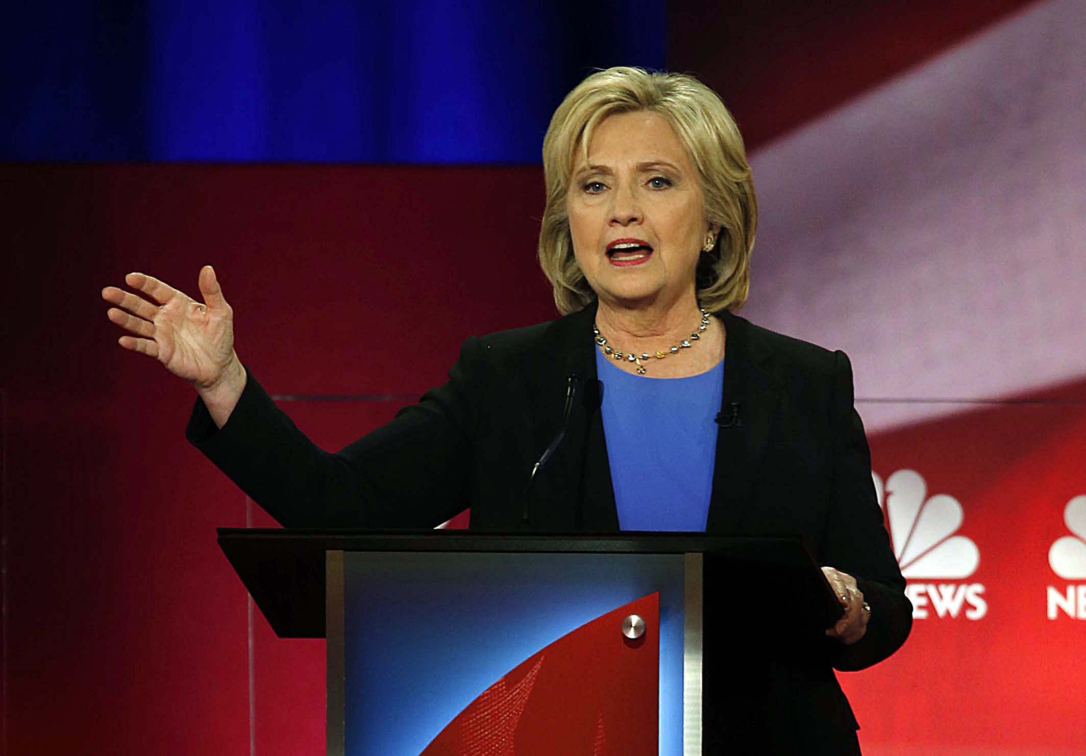 Democratic presidential candidate, Hillary Clinton speaks at the NBC, YouTube Democratic presidential debate at the Gaillard Center, Sunday, Jan. 17, 2016, in Charleston, S.C. (AP Photo/Stephen B. Morton) (AP)