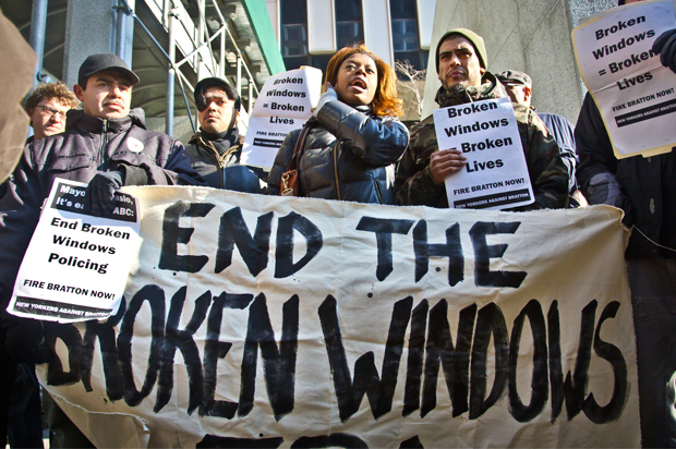 A rally calling for an end to the NYPD policing policy called Broken Windows, Jan. 16, 2015, outside police union headquarters in  New York. (AP/Bebeto Matthews)