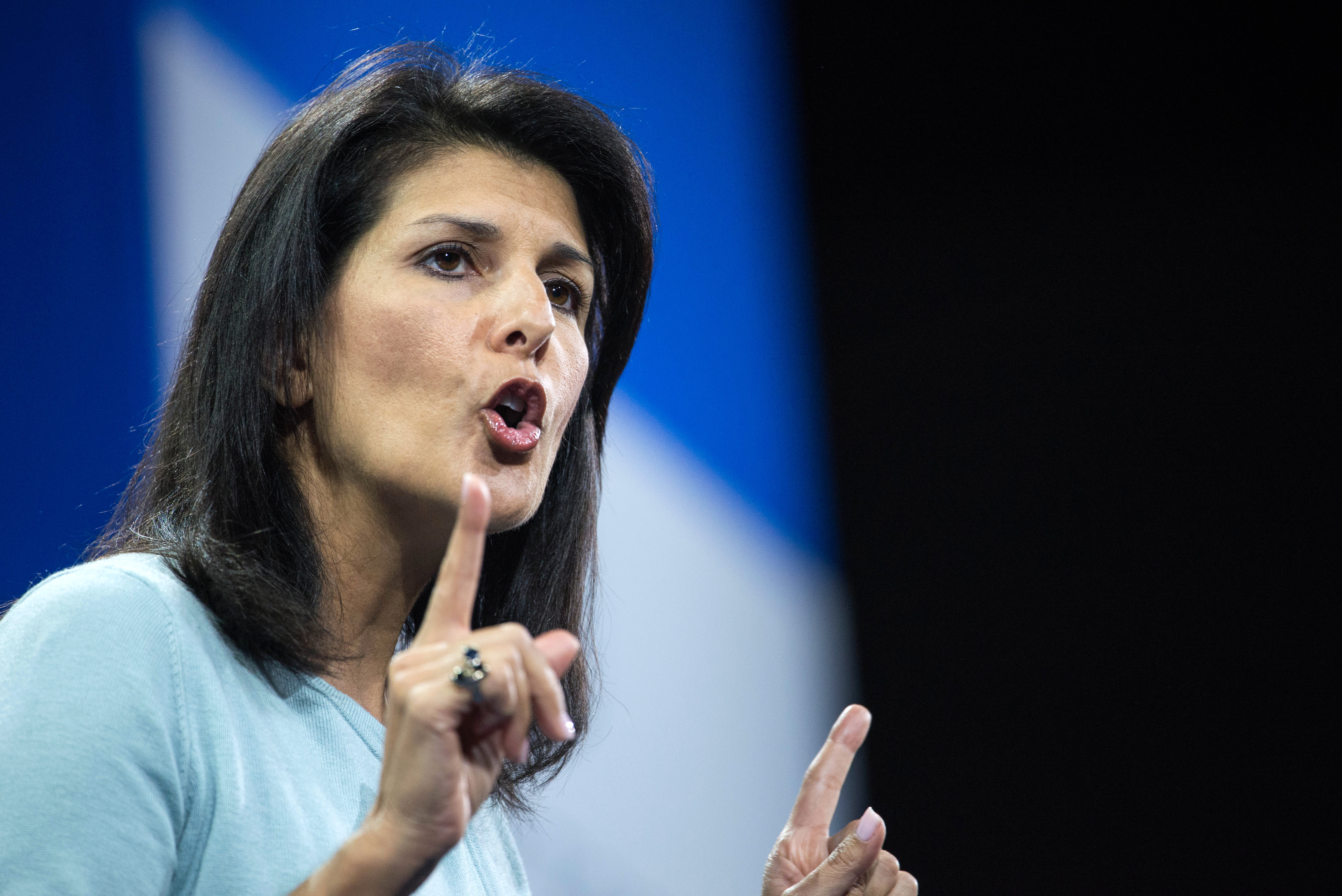 FILE - In  this Jan. 9, 2016 file photo, South Carolina Gov. Nikki Haley speaks to the crowd at the Kemp Forum, Saturday, Jan. 9, 2016, in Columbia, S.C. Two fresh faces in the Republican Party, Haley House Speaker Paul Ryan are offering messages of openness and diversity that could answer the GOP establishments increasingly desperate search for an antidote to the loud pronouncements of presidential front-runner Donald Trump. (AP Photo/Sean Rayford, File) (AP)