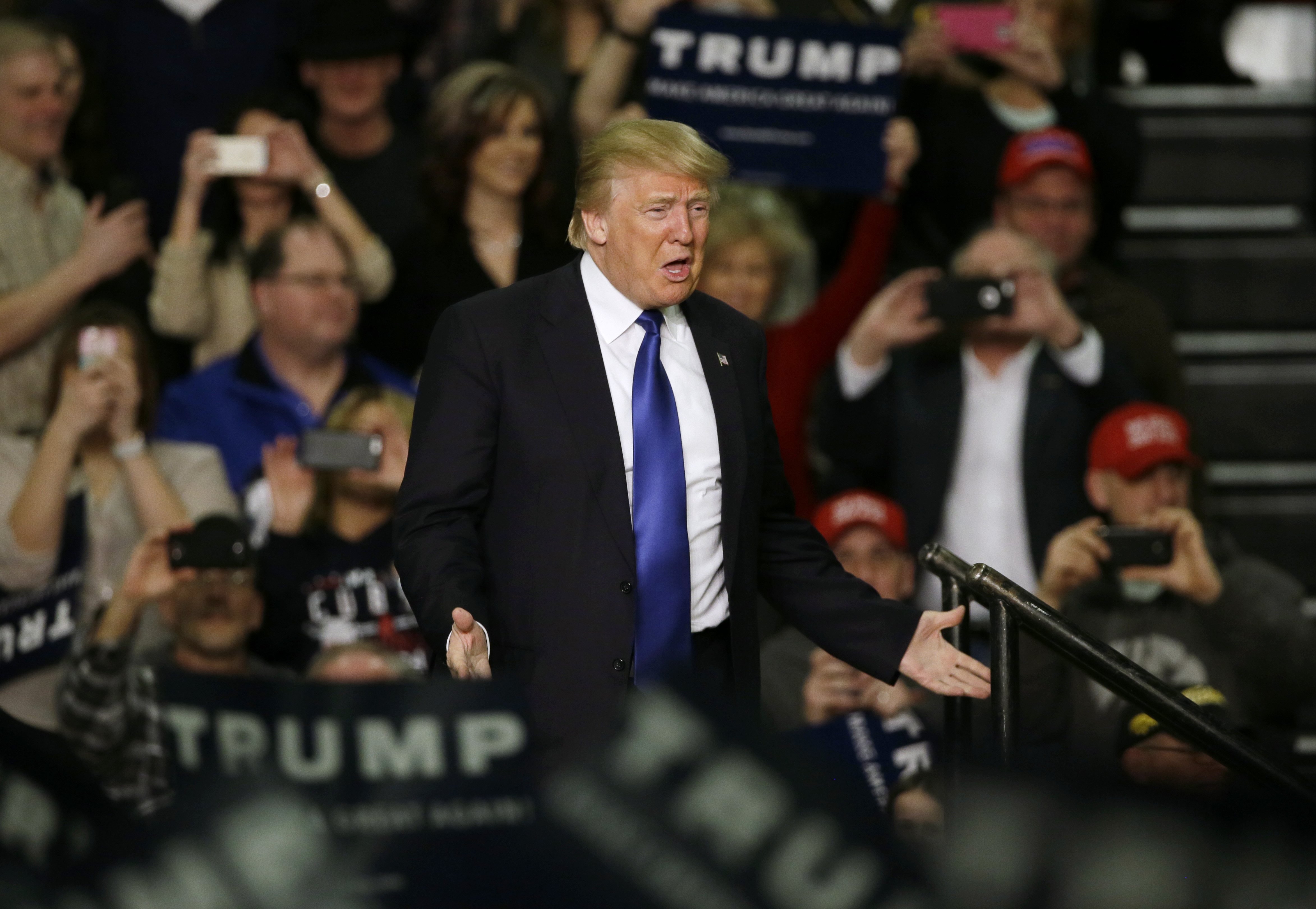 Republican presidential candidate Donald Trump speaks during a campaign rally at Clinton Middle School, Saturday, Jan. 30, 2016, in Clinton, Iowa. (AP Photo/Charlie Neibergall) (AP)