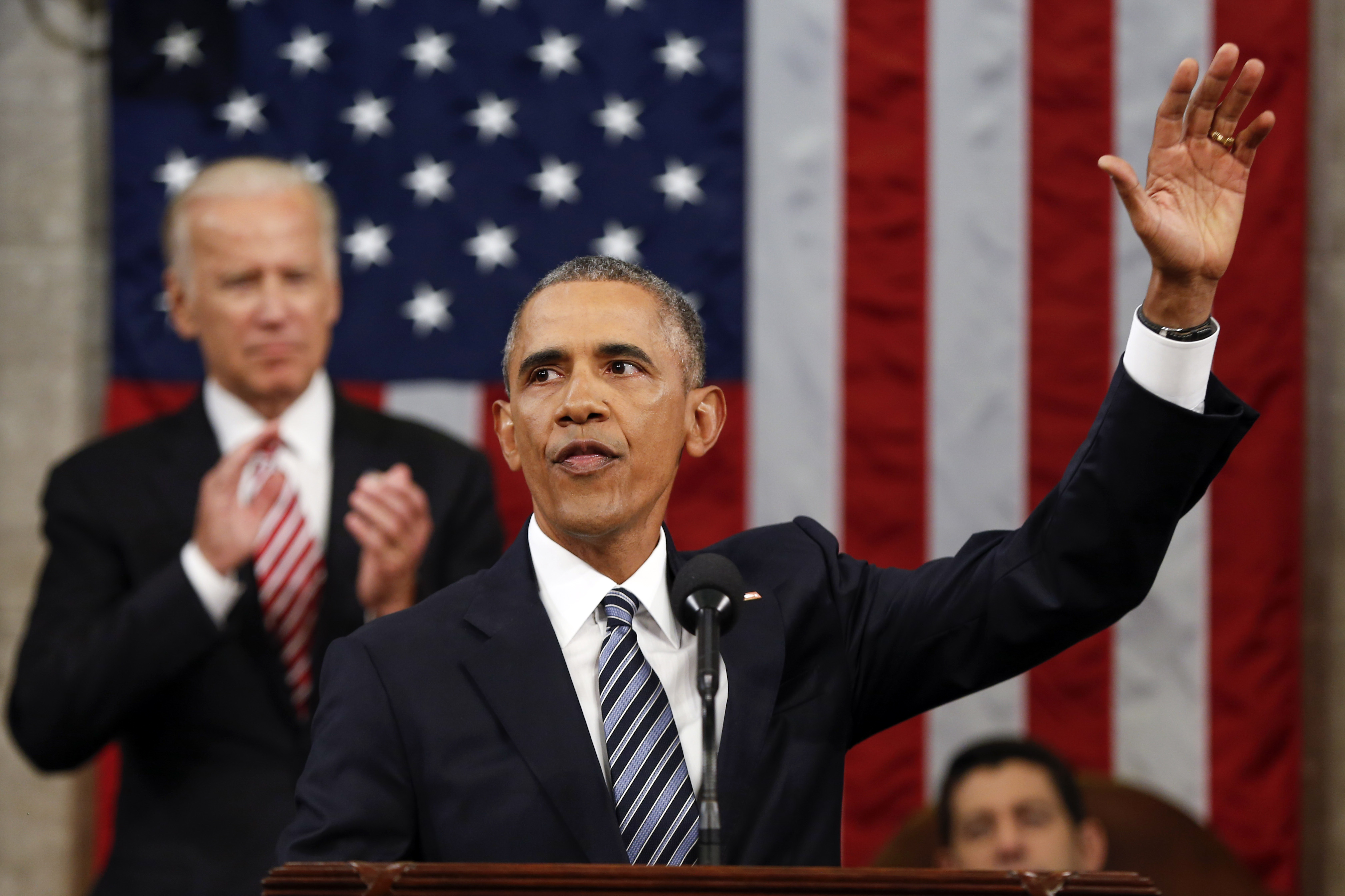 President Barack Obama waves at the conclusion of his State of the Union address to a joint session of Congress on Capitol Hill in Washington, Tuesday, Jan. 12, 2016. (AP/Evan Vucci, Pool)