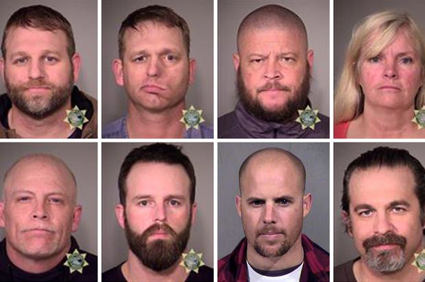 Clockwise, from top left: Ammon Bundy, Ryan Bundy, Brian Cavalier, Shawna Cox, Peter Santilli, Jon Eric Ritzheimer, Ryan Payne, Joseph Donald O'Shaughnessy. (AP/Maricopa County Sheriff's Office)