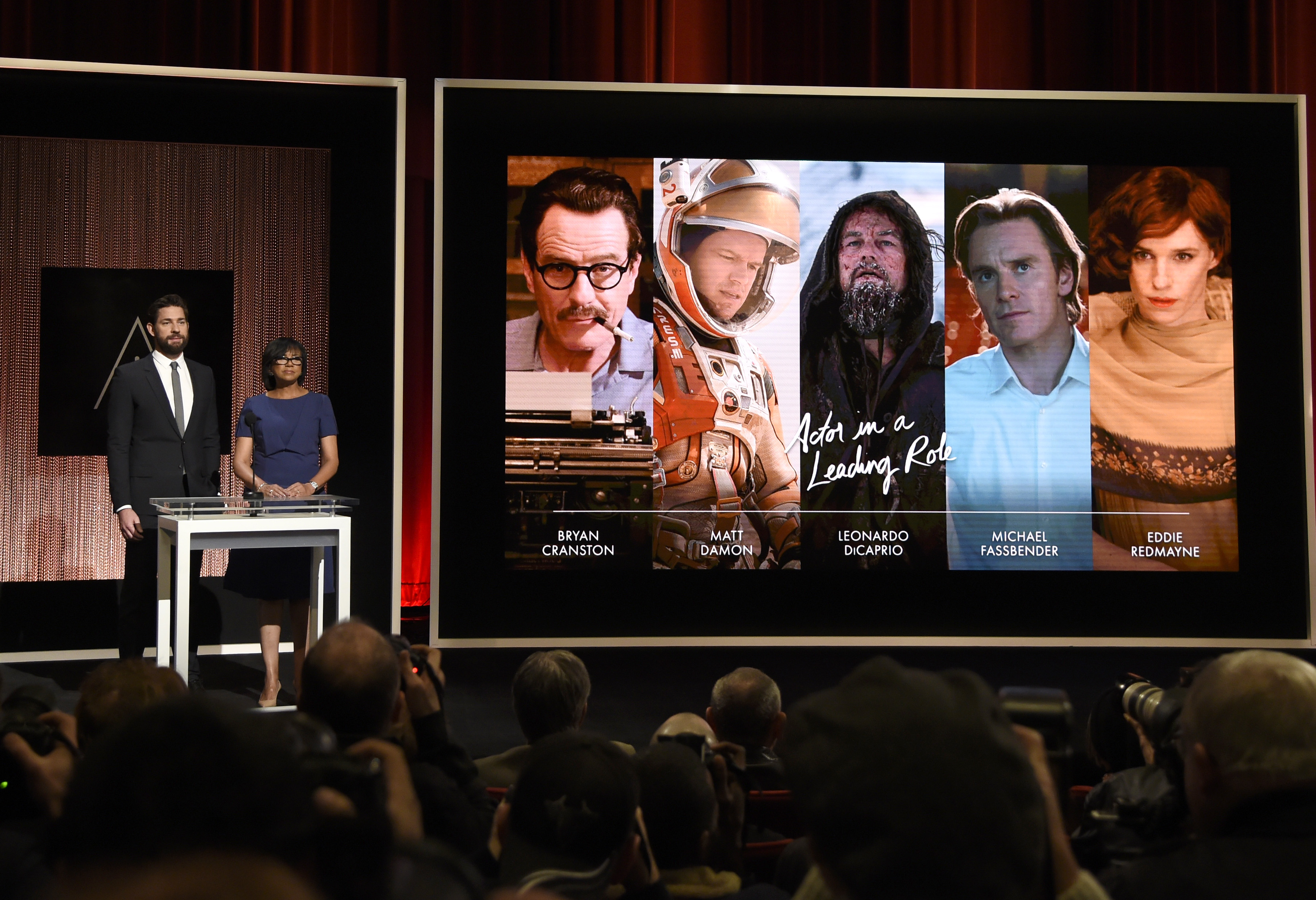 John Krasinski, left, and Academy President Cheryl Boone Isaacs announce the Academy Awards nominations (Chris Pizzello/invision/ap)