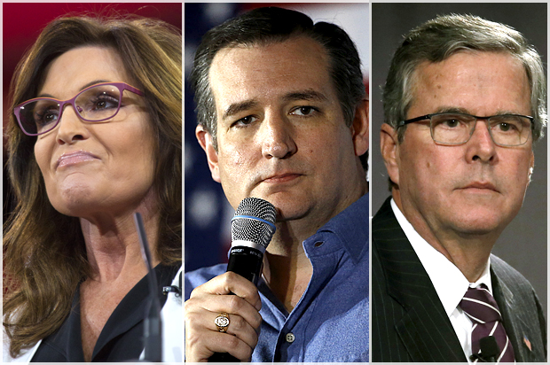 Sarah Palin, Ted Cruz, Jeb Bush (Jeffery Malet, maletphoto.com/AP/Matt Rourke/Reuters/Jim Young)
