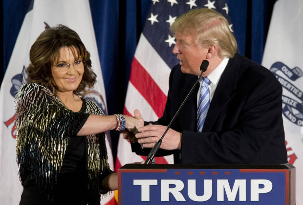 Former Republican vice presidential candidate, and former Alaska Gov. Sarah Palin endorses Republican presidential candidate Donald Trump during a rally at the Iowa State University, Tuesday, Jan. 19, 2016, in Ames, Iowa. (AP)