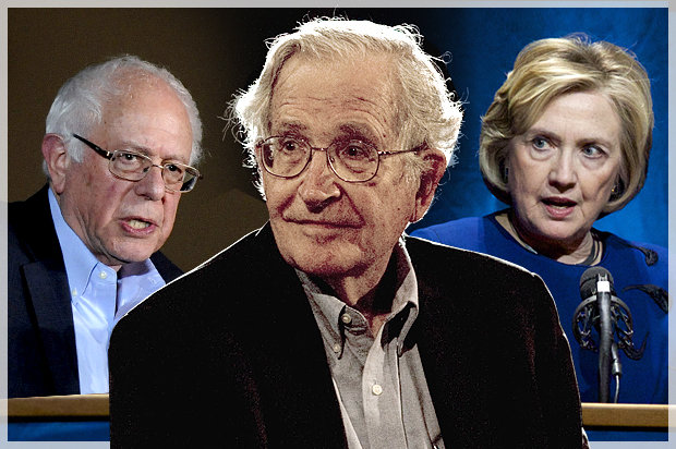Bernie Sanders, Noam Chomsky, Hillary Clinton (AP/Reuters/Mark Kauzlarich/Jorge Dan/Steve Dipaola/Photo montage by Salon)