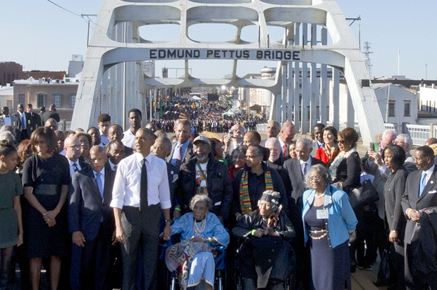 Barack Obama leads a symbolic walk across the Edmund Pettus Bridge, March 7, 2015, in Selma, Ala. (AP/Jacquelyn Martin)