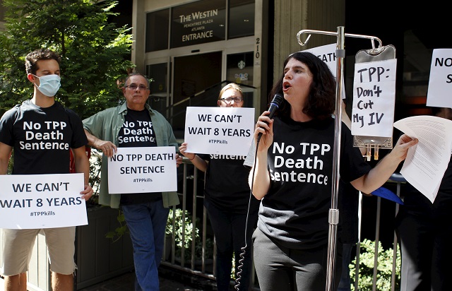 A protest outside the Trans-Pacific Partnership ministerial meetings in Atlanta, Georgia in September (Reuters)