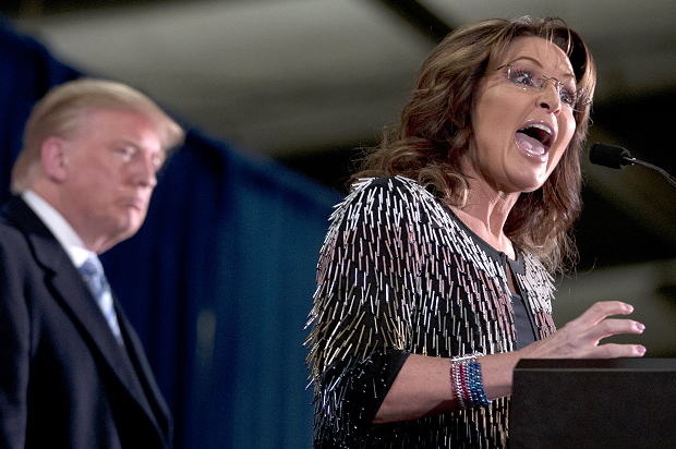 Sarah Palin endorses Donald Trump during a rally at the Iowa State University, Jan. 19, 2016, in Ames, Iowa. (AP/Mary Altaffer)