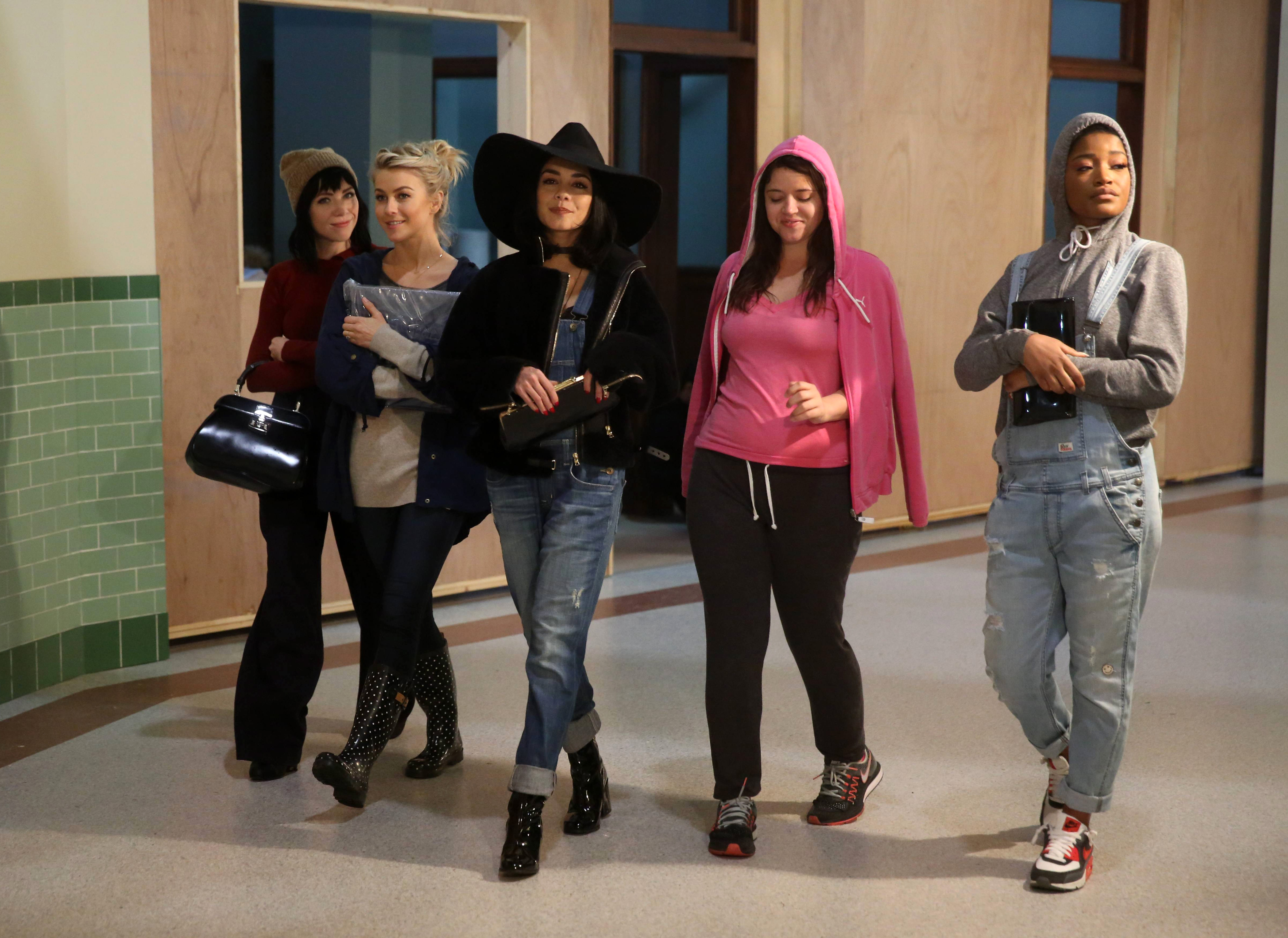 This image released by Fox shows, from left, Carly Rae Jepsen, Julianne Hough, Vanessa Hudgens, Kether Donohue and Keke Palmer during a rehearsal for, "Grease:Live," airing Sunday, Jan. 31, at 7p.m. (Kevin Estrada/FOX via AP) (AP)