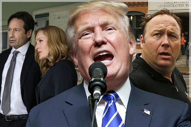 David Duchovny and Gillian Anderson in "The X-Files," Donald Trump, Alex Jones (Fox/AP/Reuters/Brian Snyder/Jim Bourg/Salon)