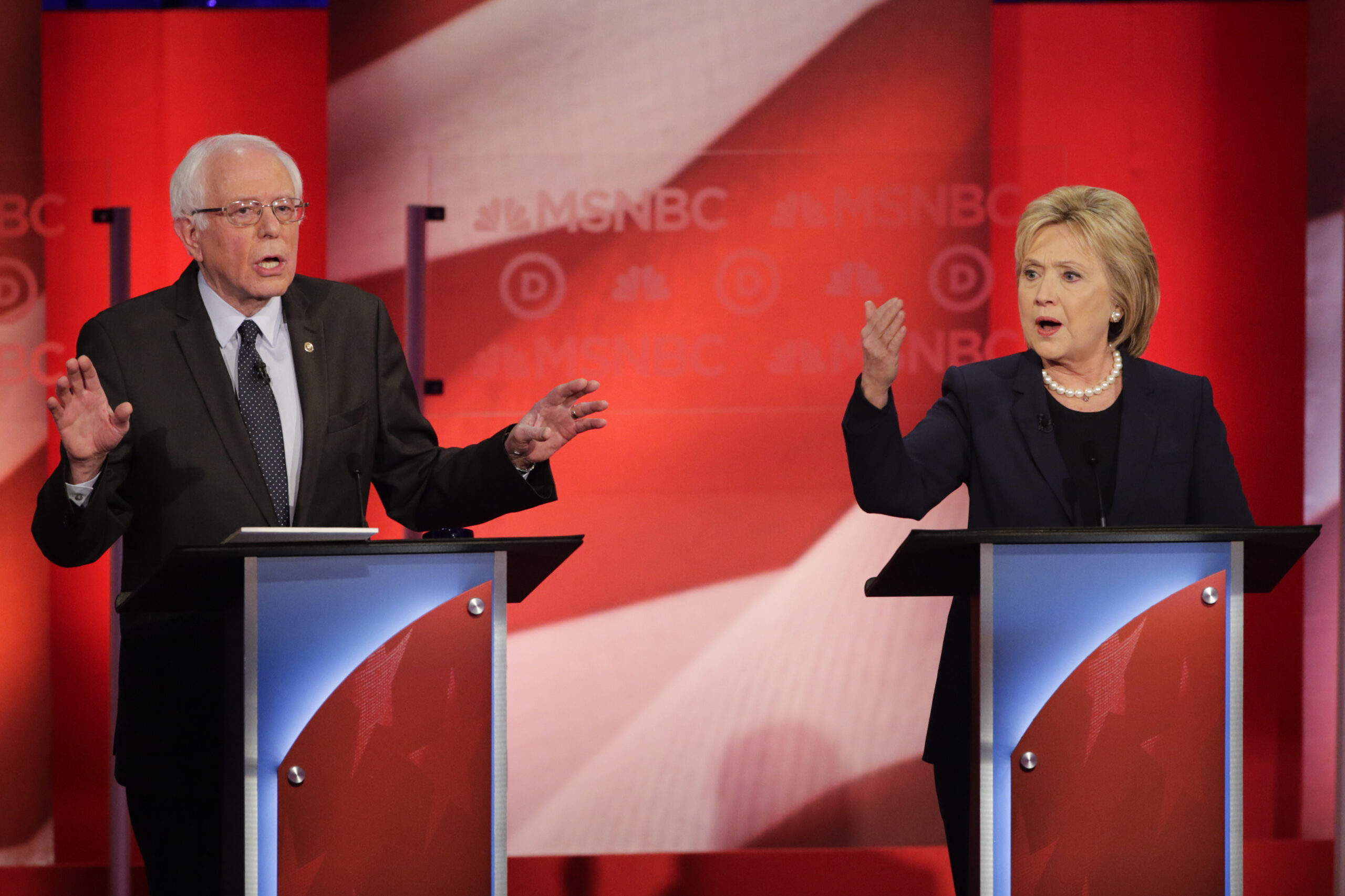 Democratic presidential candidate, Sen. Bernie Sanders, I-Vt,  and Democratic presidential candidate, Hillary Clinton spar during a Democratic presidential primary debate hosted by MSNBC at the University of New Hampshire Thursday, Feb. 4, 2016, in Durham, N.H. (AP Photo/David Goldman) (AP)