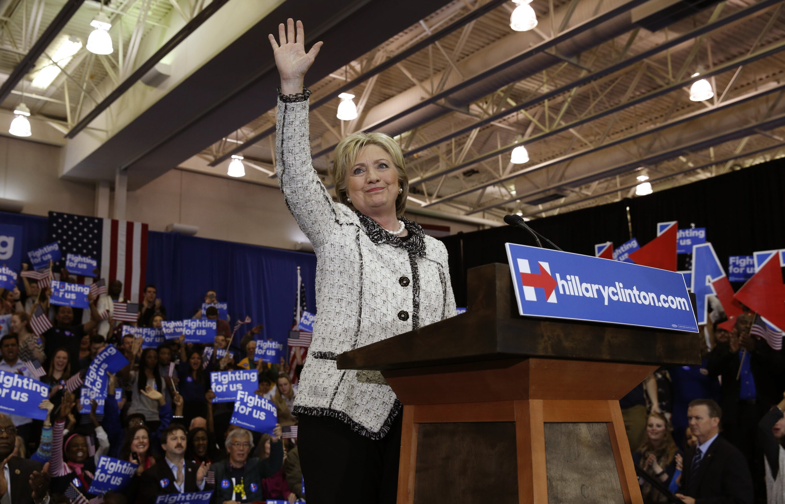 Hillary Clinton waves  to supporters after her victory speech in South Carolina. (Reuters)