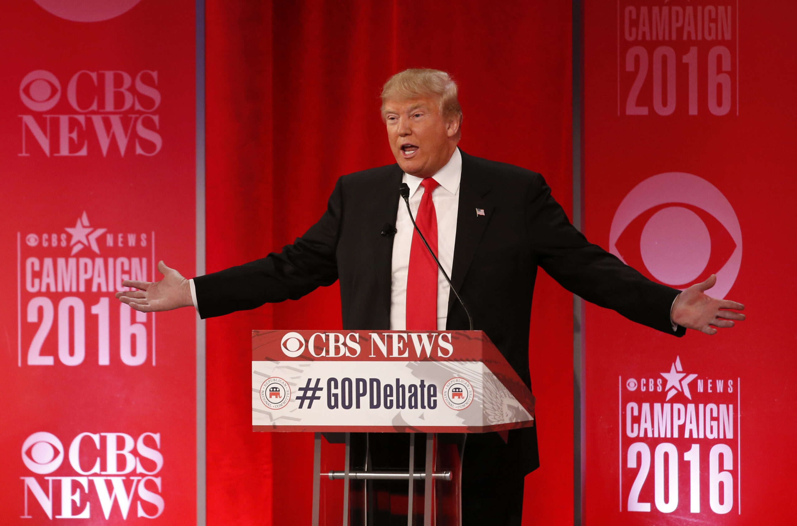 Republican U.S. presidential candidate businessman Donald Trump speaks at the Republican U.S. presidential candidates debate sponsored by CBS News and the Republican National Committee in Greenville, South Carolina February 13, 2016. REUTERS/Jonathan Ernst - RTX26TO2 (Reuters)