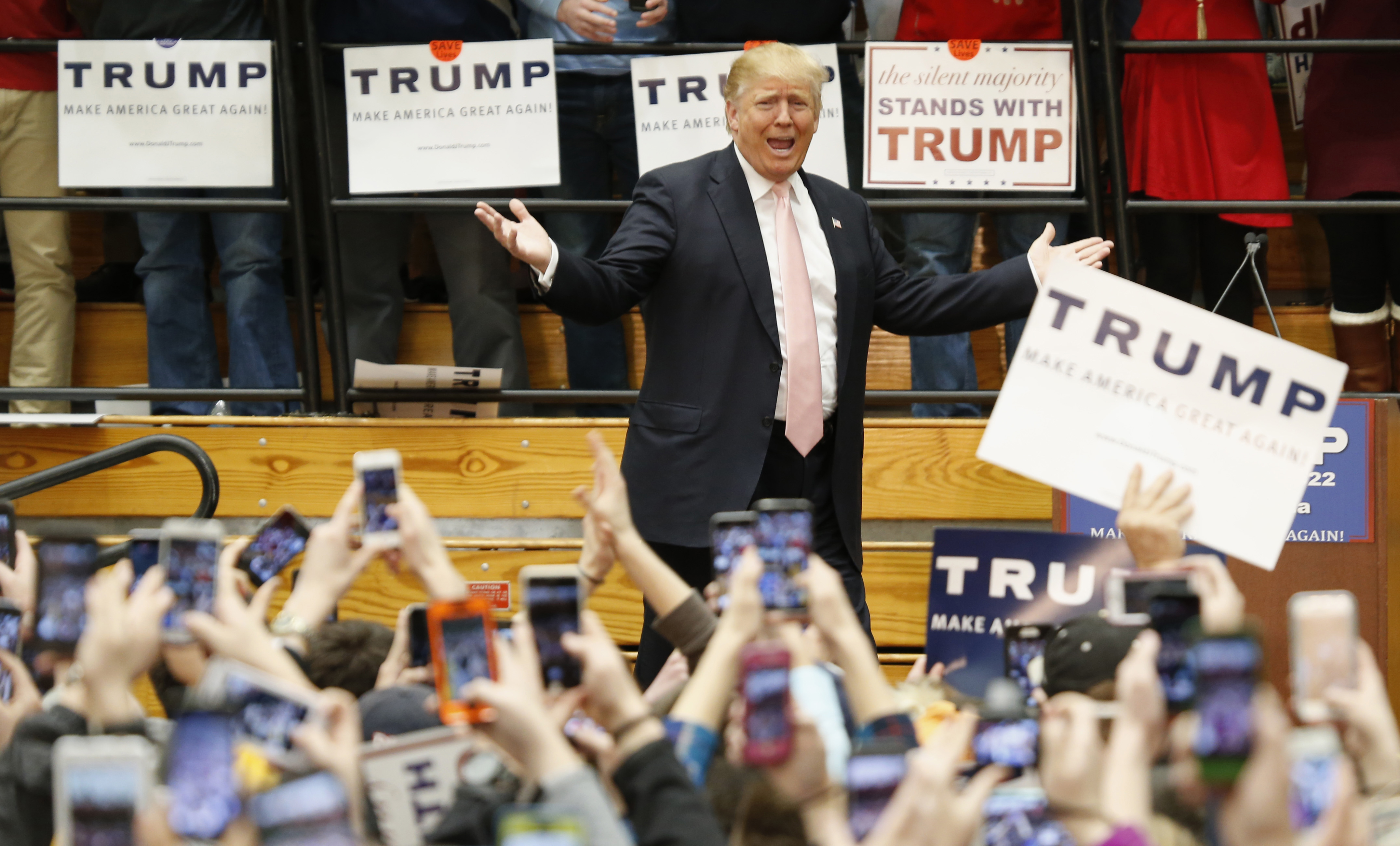 Republican presidential candidate Donald Trump gestures during a rally at Radford University in Radford, Va., Monday, Feb. 29, 2016. (AP Photo/Steve Helber) (AP)