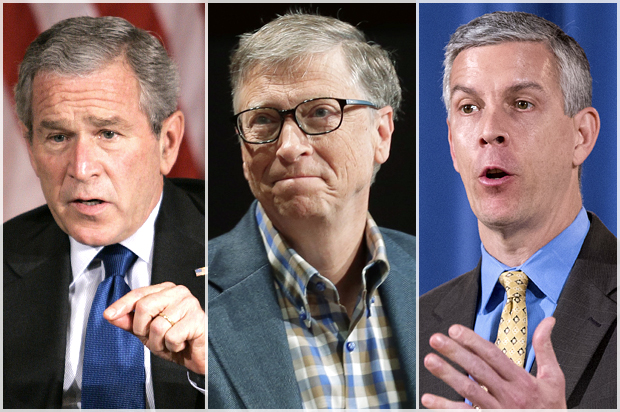 George W. Bush, Bill Gates, Arne Duncan (AP/Charles Dharapak/Ted S. Warren/Andrew Harnik)