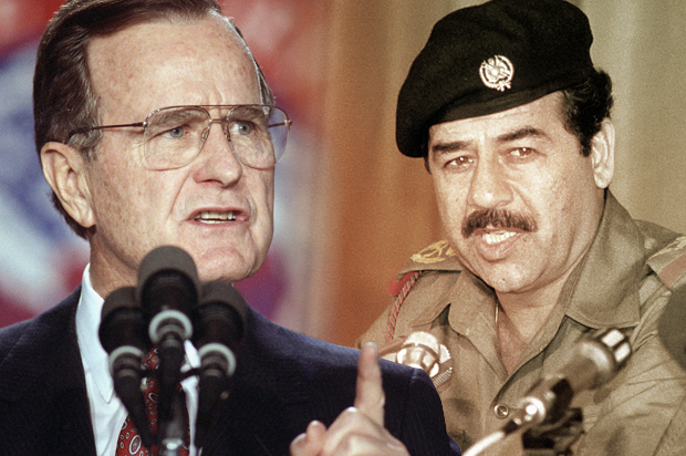 George H. W. Bush, Saddam Hussein (AP/Ron Edmonds/Photo montage by Salon)