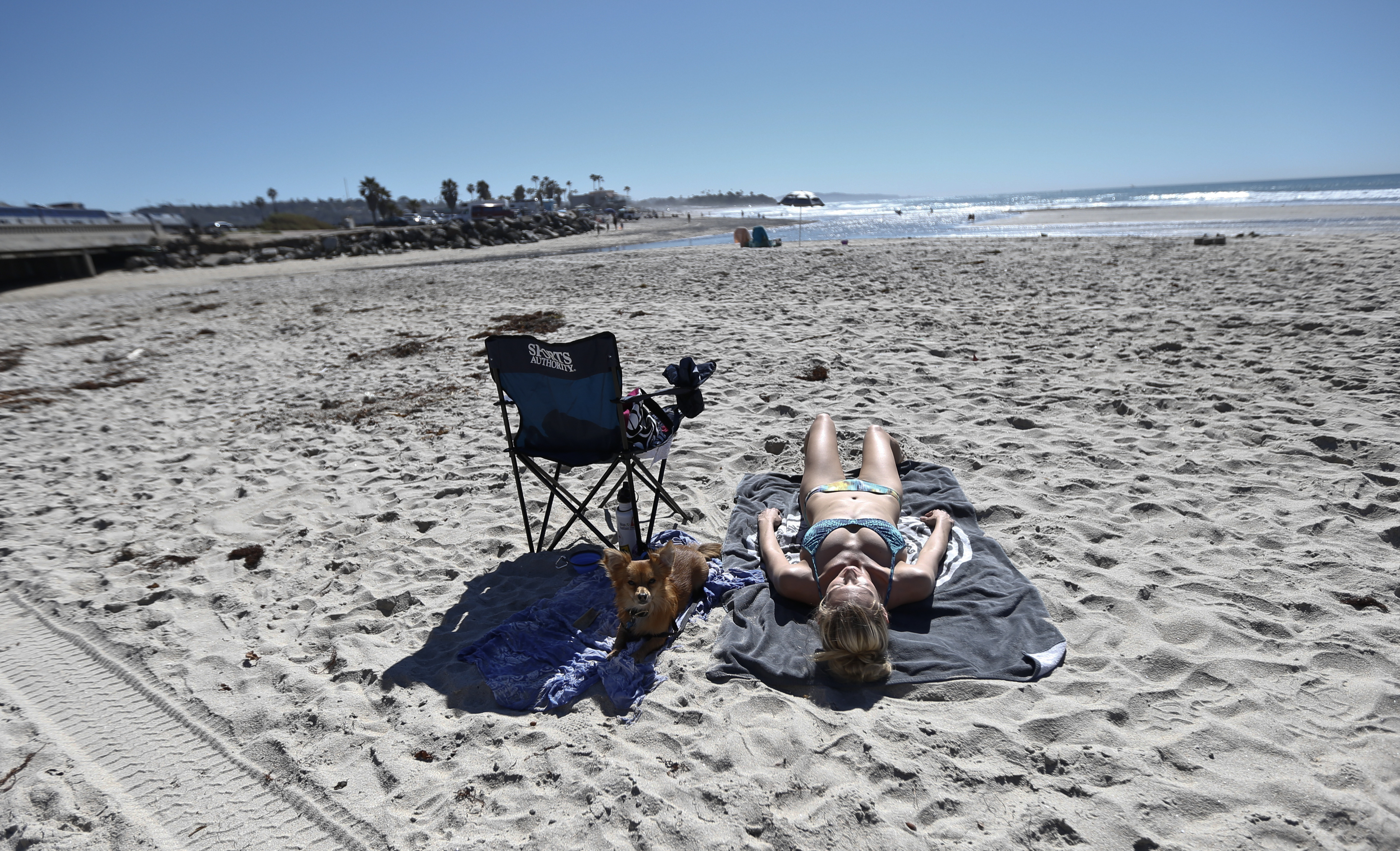 Kim McIntyre, from LaJolla, Calif., along with her dog Benji rest on the beach in Encinitas, Calif., Tuesday, Feb. 16, 2016. California is having another day of unseasonable warmth before a low-pressure system brings rain and snow. (AP Photo/Lenny Ignelzi) (AP)
