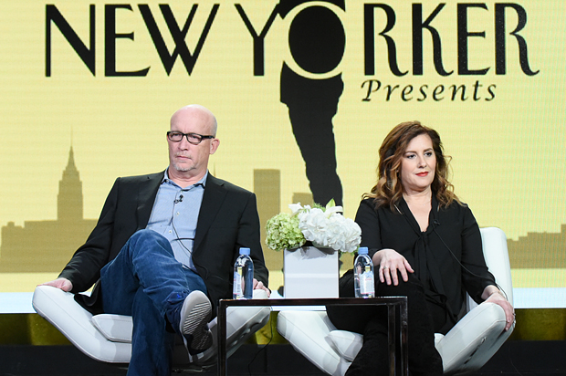 Alex Gibney and Kahane Cooperman at The Amazon 2016 Winter TCA, Pasadena, Calif., Jan. 11, 2016. (AP/Richard Shotwell)