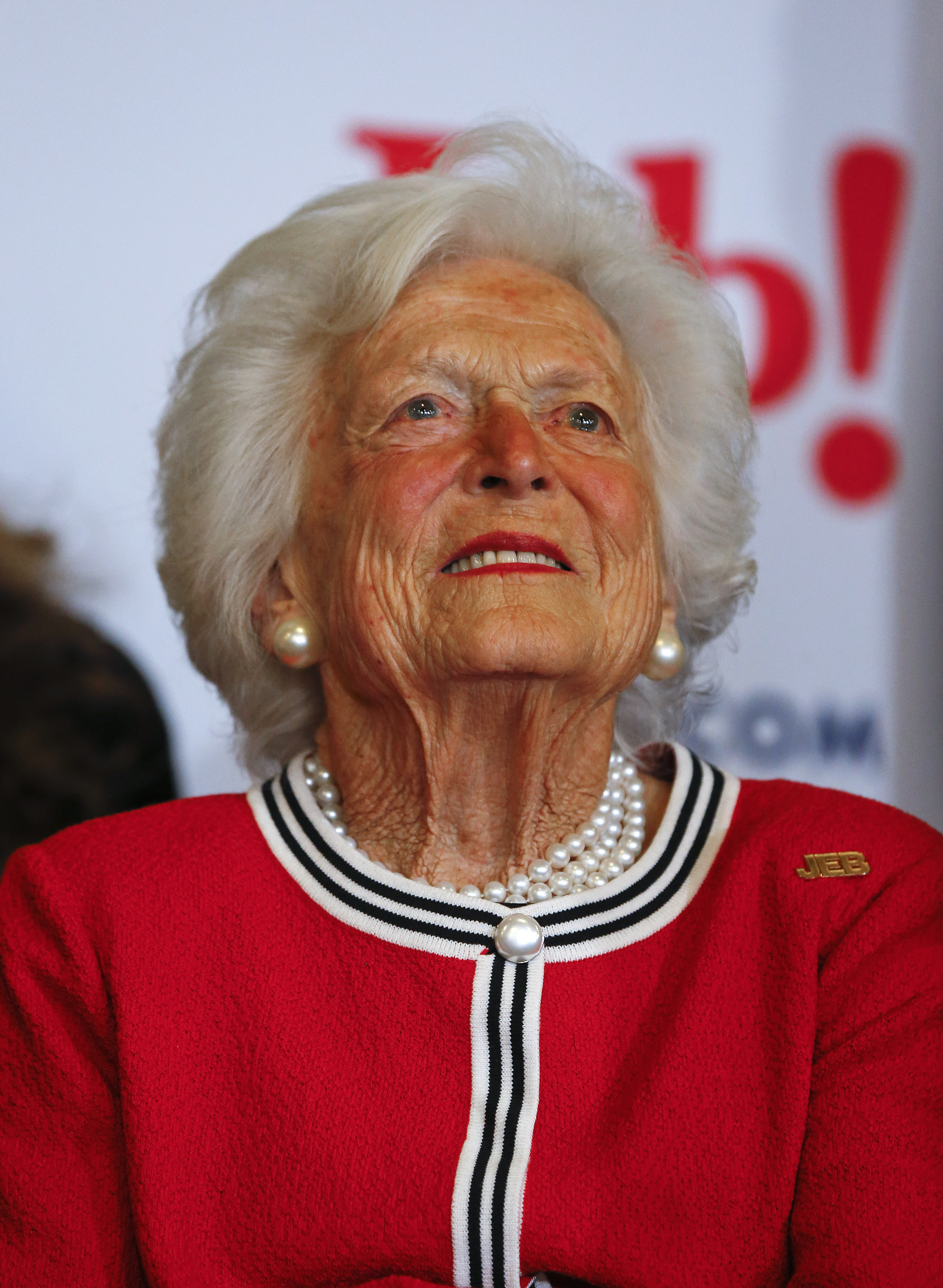 Former first lady Barbara Bush listens to her son, Republican presidential candidate, former Florida Gov. Jeb Bush speak during a campaign stop at Wade's Restaurant, Friday, Feb. 19, 2016 in Spartanburg, S.C. (AP Photo/Paul Sancya) (AP)
