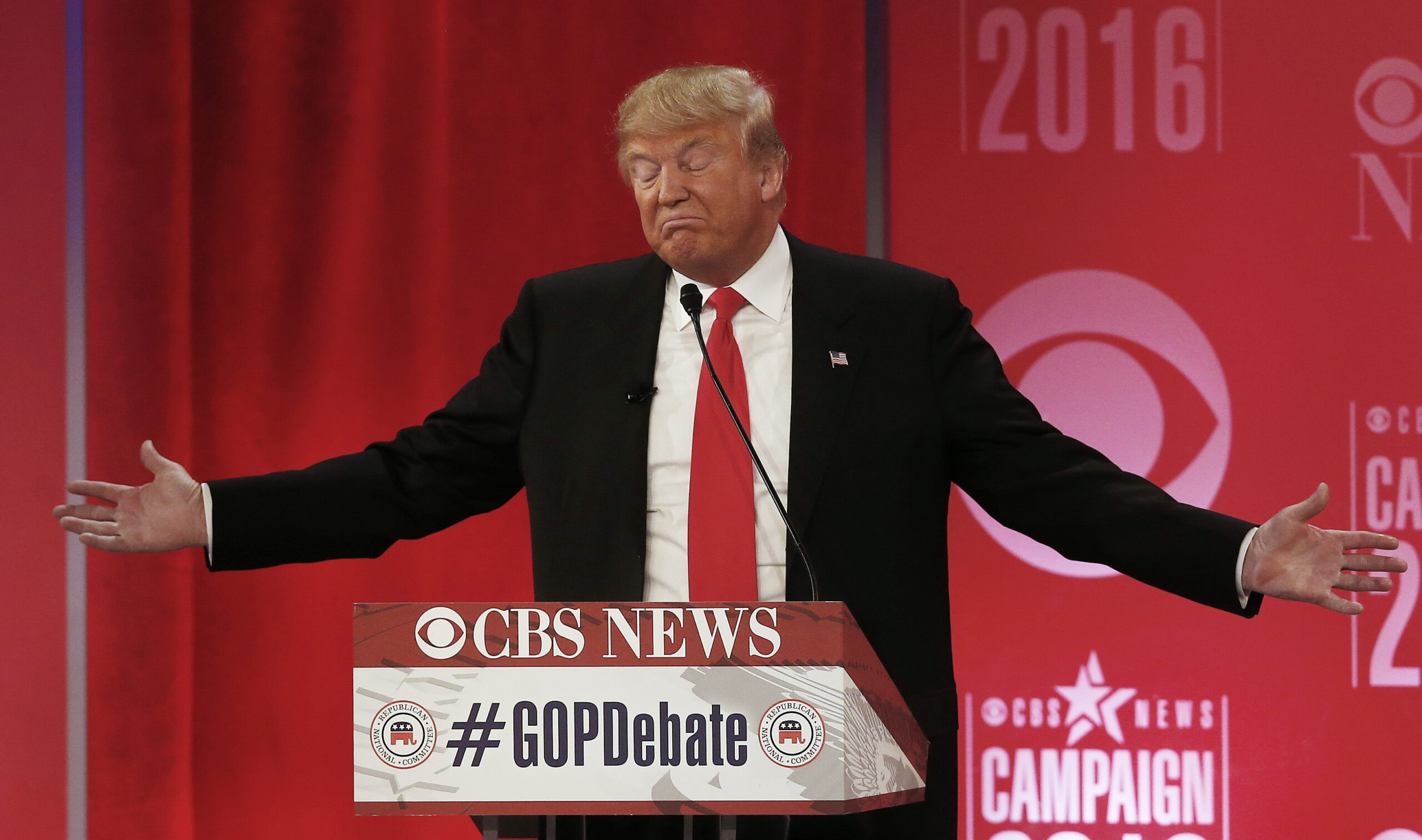 Republican presidential candidate, businessman Donald Trump speaks during the CBS News Republican presidential debate at the Peace Center, Saturday, Feb. 13, 2016, in Greenville, S.C. (AP Photo/John Bazemore) (AP)