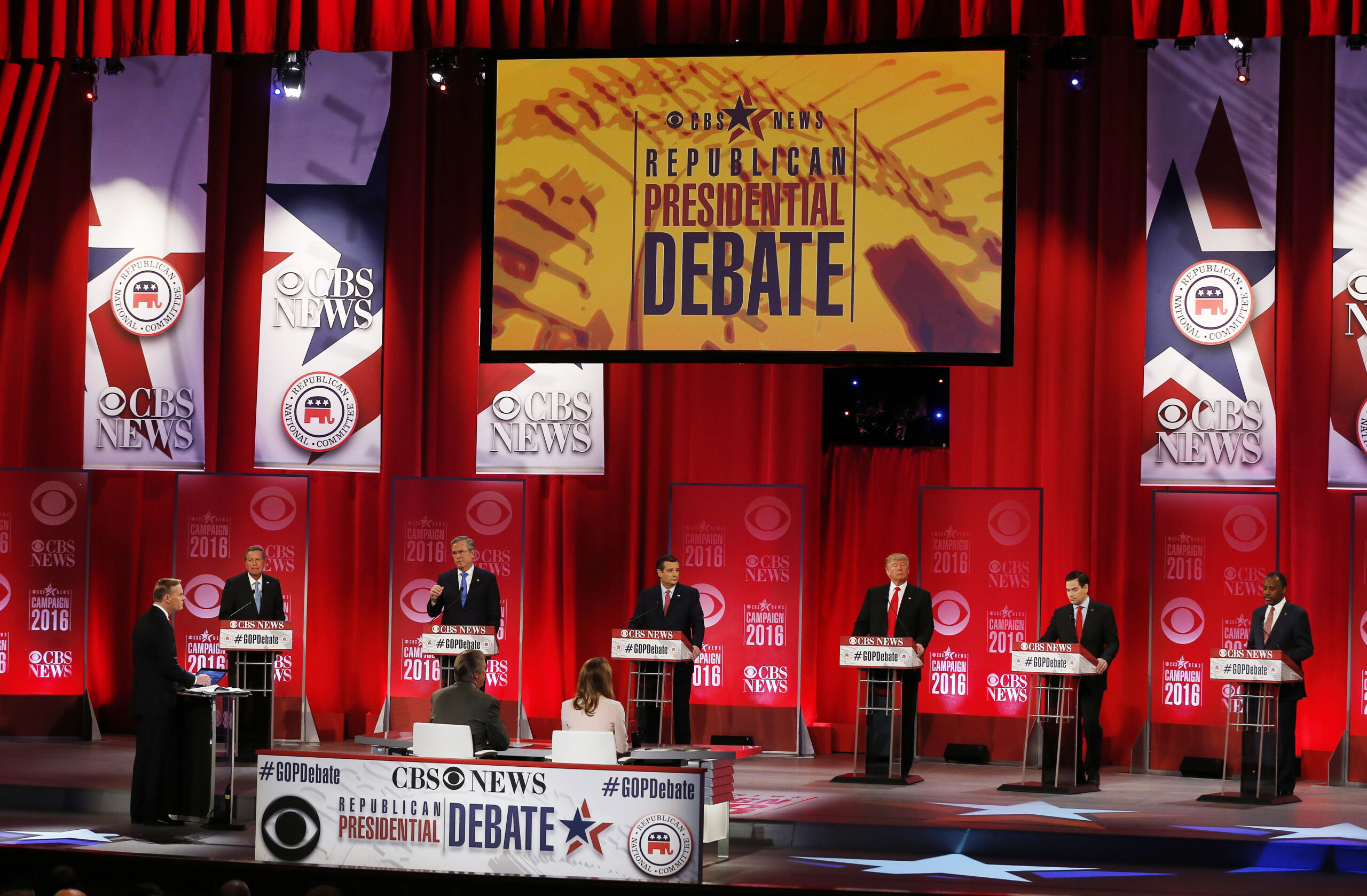 Republican presidential candidates, from left, Ohio Gov. John Kasich, former Florida Gov. Jeb Bush, Sen. Ted Cruz, R-Texas, businessman Donald Trump, Sen. Marco Rubio, R-Fla., retired neurosurgeon Ben Carson participate during the CBS News Republican presidential debate at the Peace Center, Saturday, Feb. 13, 2016, in Greenville, S.C. (AP Photo/John Bazemore) (AP)