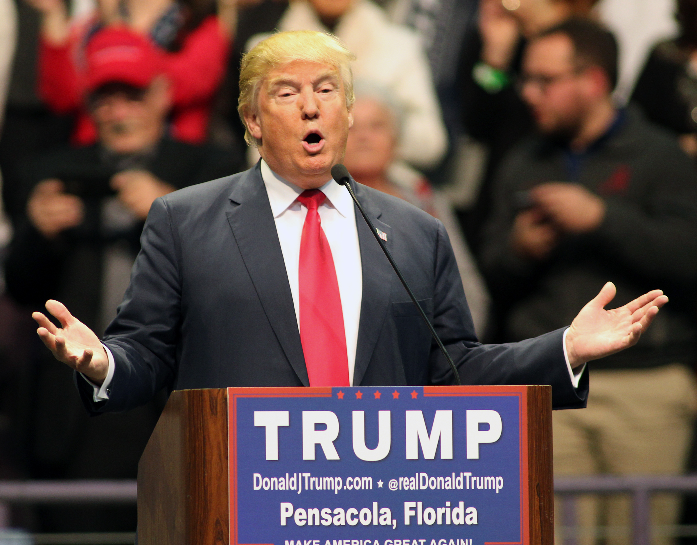 FILE - In this Jan. 13, 2016 file photo, Republican presidential candidate Donald Trump speaks during a campaign rally at the Pensacola Bay Center in Pensacola Fla. Trump is a part-time Florida resident - and a full-time problem for its home-state senator, Marco Rubio. Rubio is counting on Florida to reshape the Republican presidential contest that Trump has so far dominated by winning three of the first four states to vote.  (AP Photo/) (AP/Michael Snyder, File)
