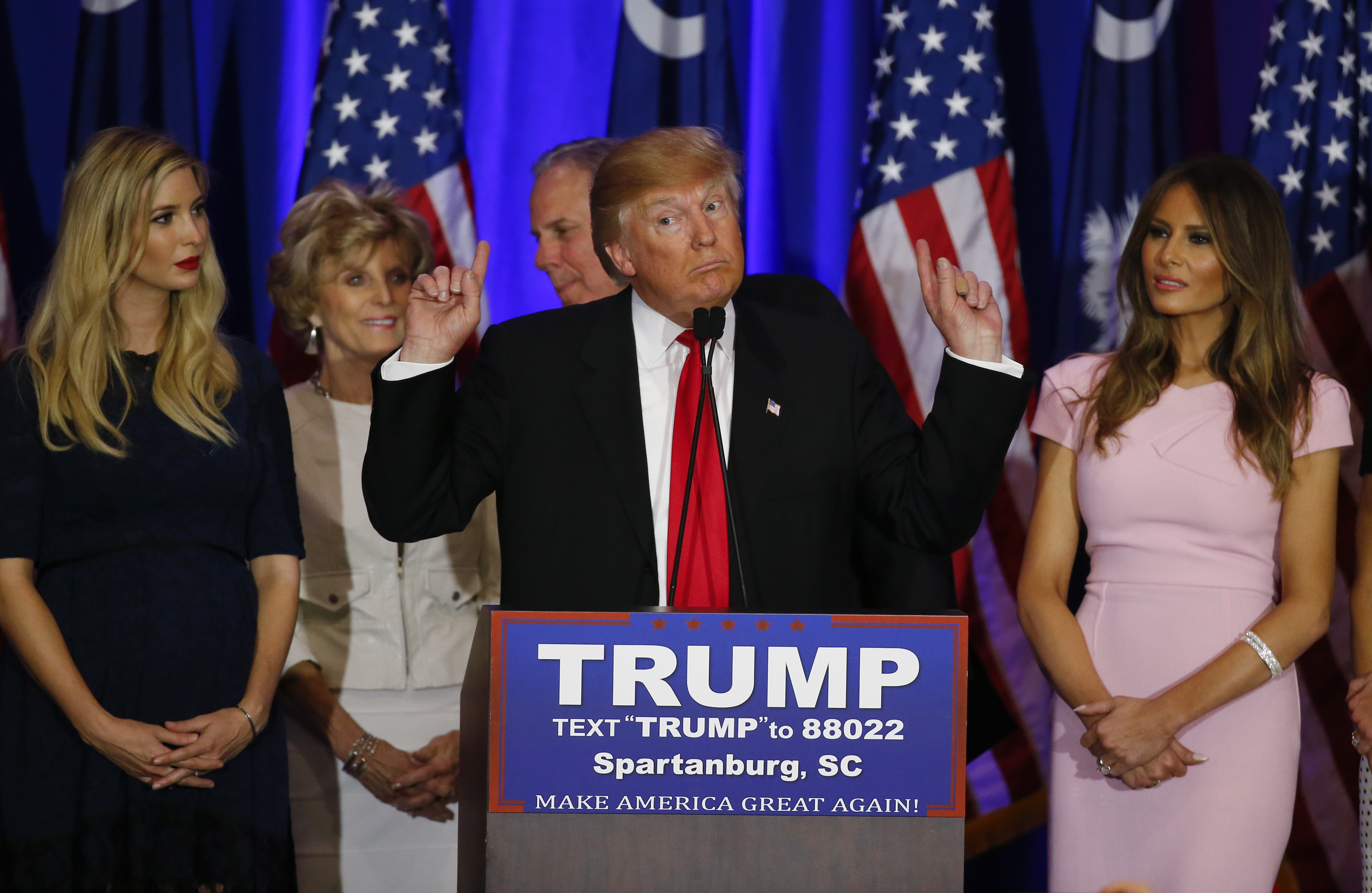 Republican presidential candidate Donald Trump speaks during a South Carolina Republican primary night event, Saturday, Feb. 20, 2016 in Spartanburg, S.C. (AP Photo/Paul Sancya) (AP)