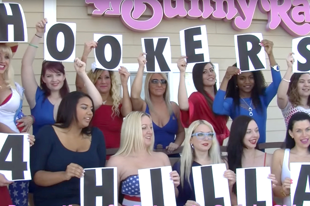 A still from the video "Hookers for Hillary!" showing the sex workers of the Bunny Ranch legal brothel in Carson City, Nevada. (YouTube/Dennis Hof)