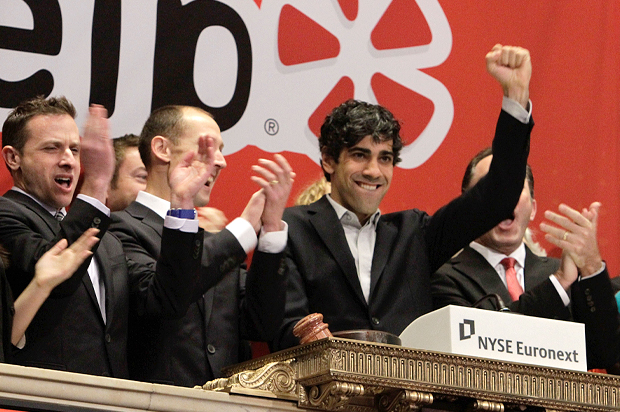Jeremy Stoppelman, Yelp co-founder and CEO, at opening bell ceremonies of the New York Stock Exchange, March 2, 2012. (AP/Richard Drew)