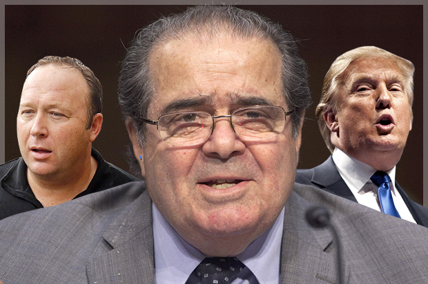 Alex Jones, Antonin Scalia, Donald Trump (AP/Reuters/Jim Bourg/Evan Vucci/Joshua Roberts/Photo montage by Salon)