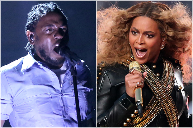 Kendrick Lamar performs at the Grammy Awards, Feb. 15, 2016; Beyoncé performs during halftime in Super Bowl 50, Feb 7, 2016 (AP/Matt Sayles/Reuters/Matthew Emmons)