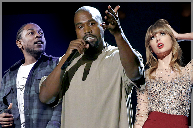 Kendrick Lamar, Kanye West, Taylor Swift (AP/Reuters/Scott Roth/Mario Anzuoni/Evan Agostini/Photo montage by Salon)